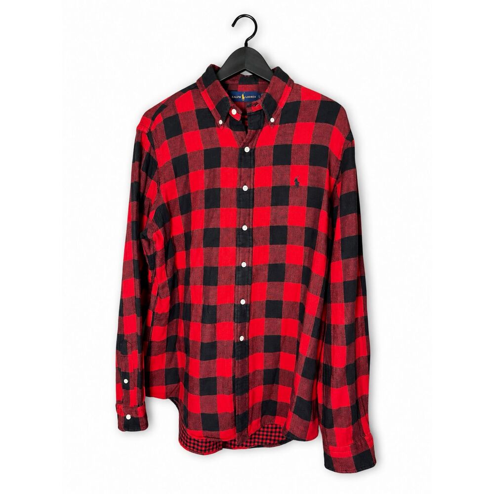 Ralph Lauren Mens Large Buffalo Plaid Flannel Shirt Red Black Pony Button Down
